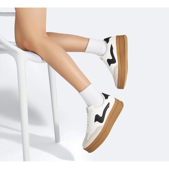 Women Platform WhiteBlack Sneaker Thick Sole Suede Leather Low Top Walking Shoes - Picture 7 of 9